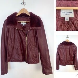 Cole Haan Vegan Burgundy faux leather Asymetrical zipper Moto jacket‎